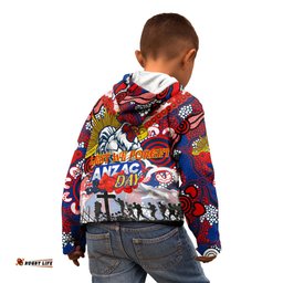 Personalised Roosters ANZAC Day Kid Hoodie Aboriginal Rising Sun