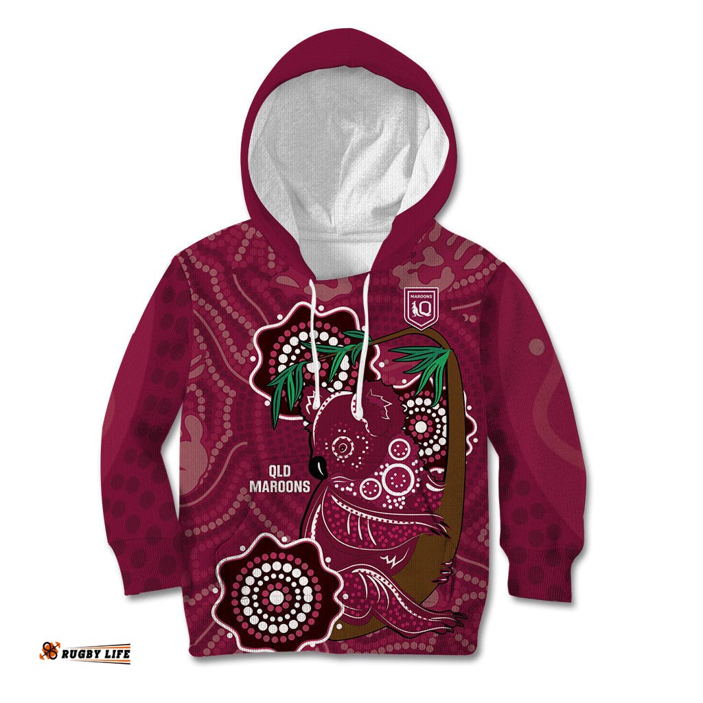Custom Queensland Maroons Rugby Kid Hoodie 2024 Koala Mix Aboriginal Art