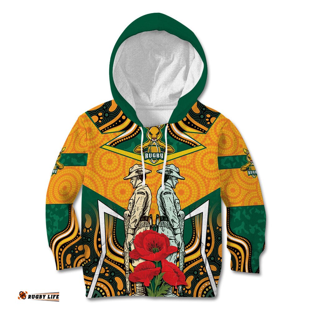 Australia Wallabies Rugby ANZAC Custom Kid Hoodie Poppy Soldier With Aboriginal Dots Art
