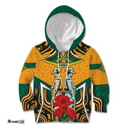 Australia Wallabies Rugby ANZAC Custom Kid Hoodie Poppy Soldier With Aboriginal Dots Art