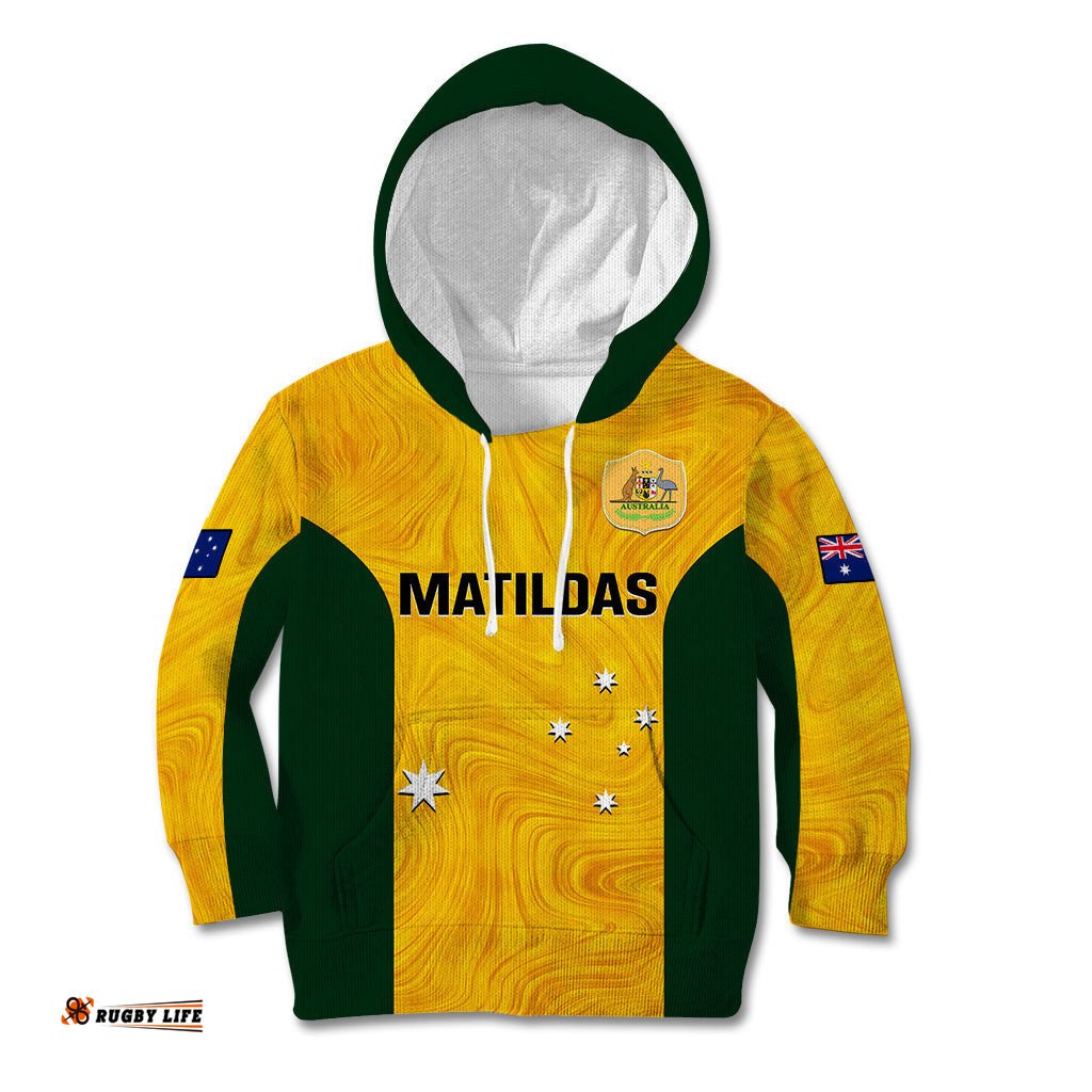 Personalised Australia Soccer Kid Hoodie Gold Matildas World Cup Go Champions