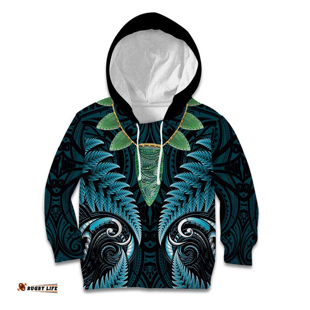 Aotearoa Pounamu Niho Kid Hoodie Silver Fern Mix Maori Pattern Turquoise