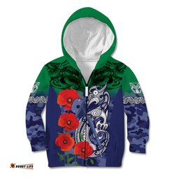 Custom Warriors Rugby ANZAC Kid Hoodie Gallipoli Soldier With Aboriginal Art