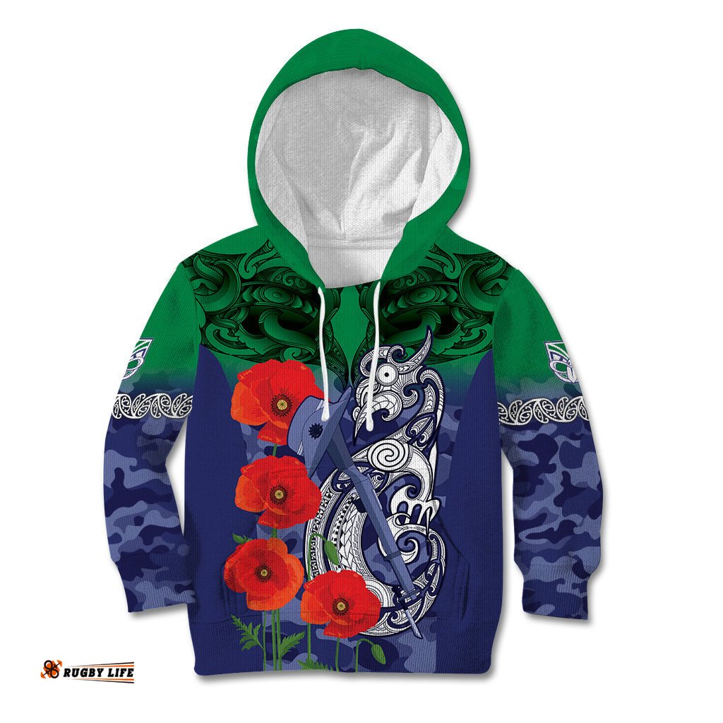 Custom Warriors Rugby ANZAC Kid Hoodie Gallipoli Soldier With Aboriginal Art