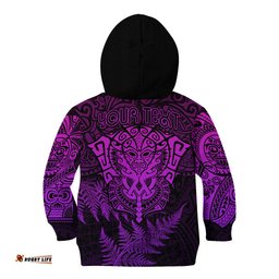 Personalised New Zealand Rugby Kid Hoodie Silver Fern All Black Mix Ta Moko Purple Style