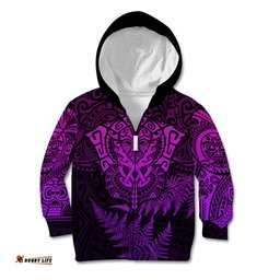 Personalised New Zealand Rugby Kid Hoodie Silver Fern All Black Mix Ta Moko Purple Style