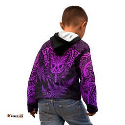 Personalised New Zealand Rugby Kid Hoodie Silver Fern All Black Mix Ta Moko Purple Style