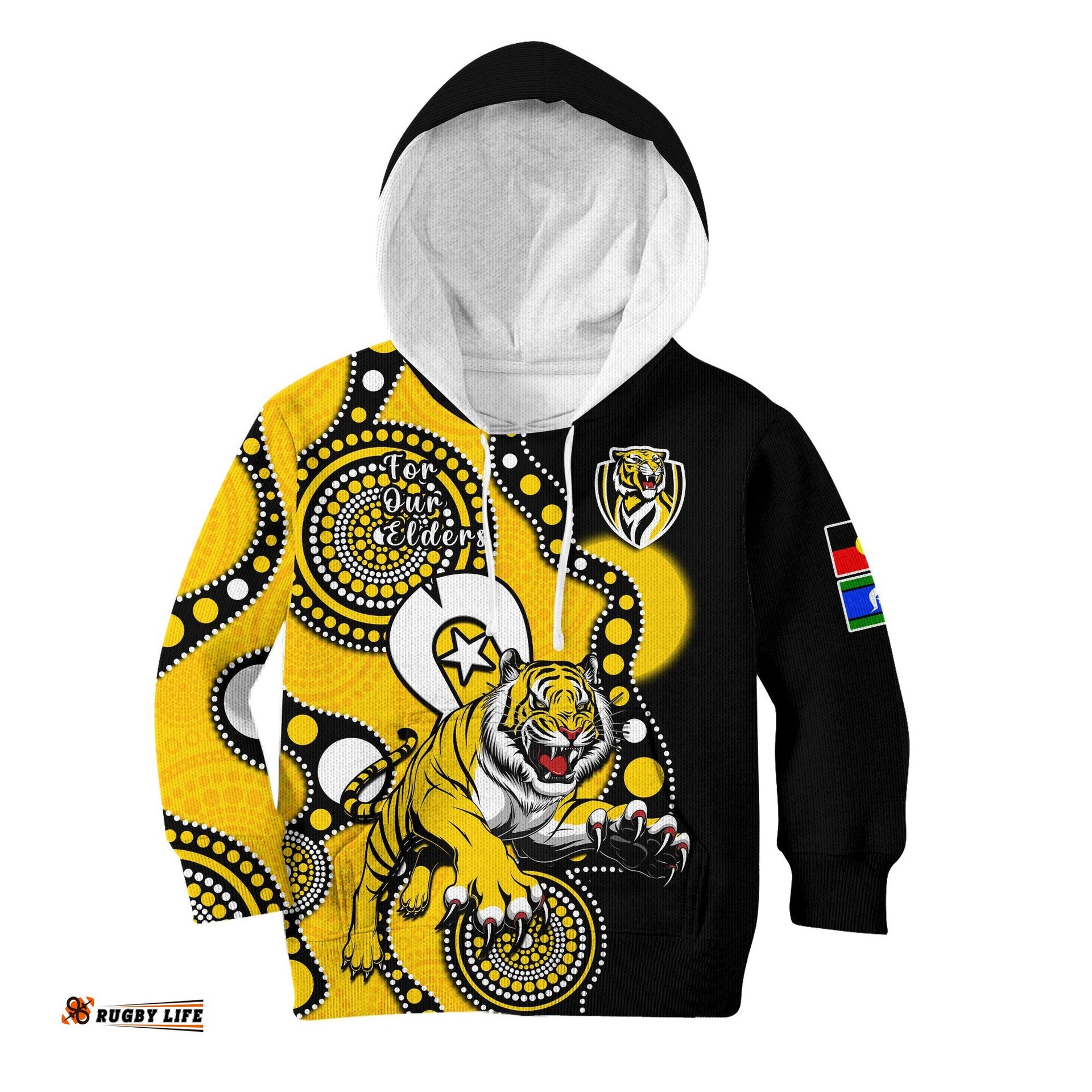 Custom Text And Number Richmond Football NAIDOC Hoodie KID Tigers For Our Elders Indigenous Art
