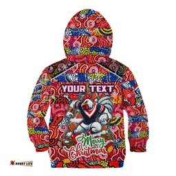 Custom Roosters Rugby Merry Christmas Kid Hoodie Indigenous Australian Art
