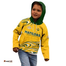 Personalised Australia Soccer Matildas Kid Hoodie Kangaroo Tornado Yellow