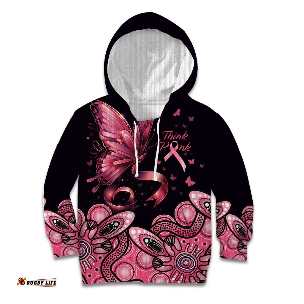 Think Pink Butterfly Ribbon Aboriginal Art Kid Hoodie