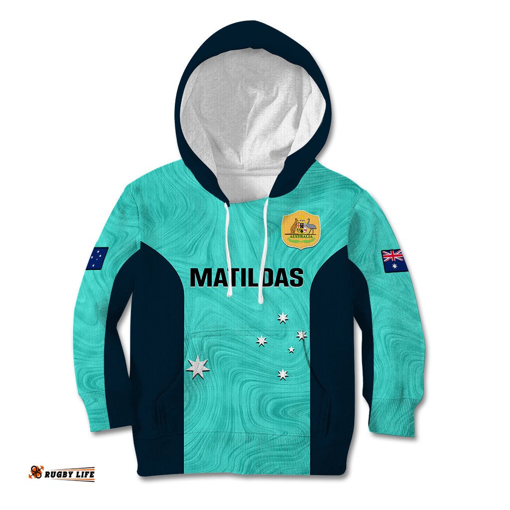 Personalised Australia Soccer Kid Hoodie Turquoise Matildas World Cup Go Champions