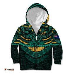Custom Wallabies Rugby Kid Hoodie Polynesian and Aboriginal Special Green Version