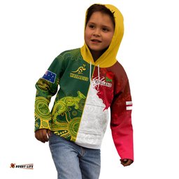 Personalised Australia And England Rugby Kid Hoodie Indigenous Wallabies With Red Roses Sporty Version