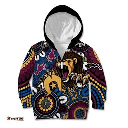 Custom Lions Football NAIDOC Week 2024 Kid Hoodie Fire Burning Aboriginal Dots Art