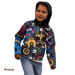 Custom Lions Football NAIDOC Week 2024 Kid Hoodie Fire Burning Aboriginal Dots Art