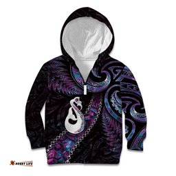 New Zealand Aotearoa Kid Hoodie Maori Manaia Paua Shell Glitter Purple