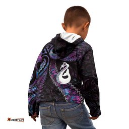 New Zealand Aotearoa Kid Hoodie Maori Manaia Paua Shell Glitter Purple