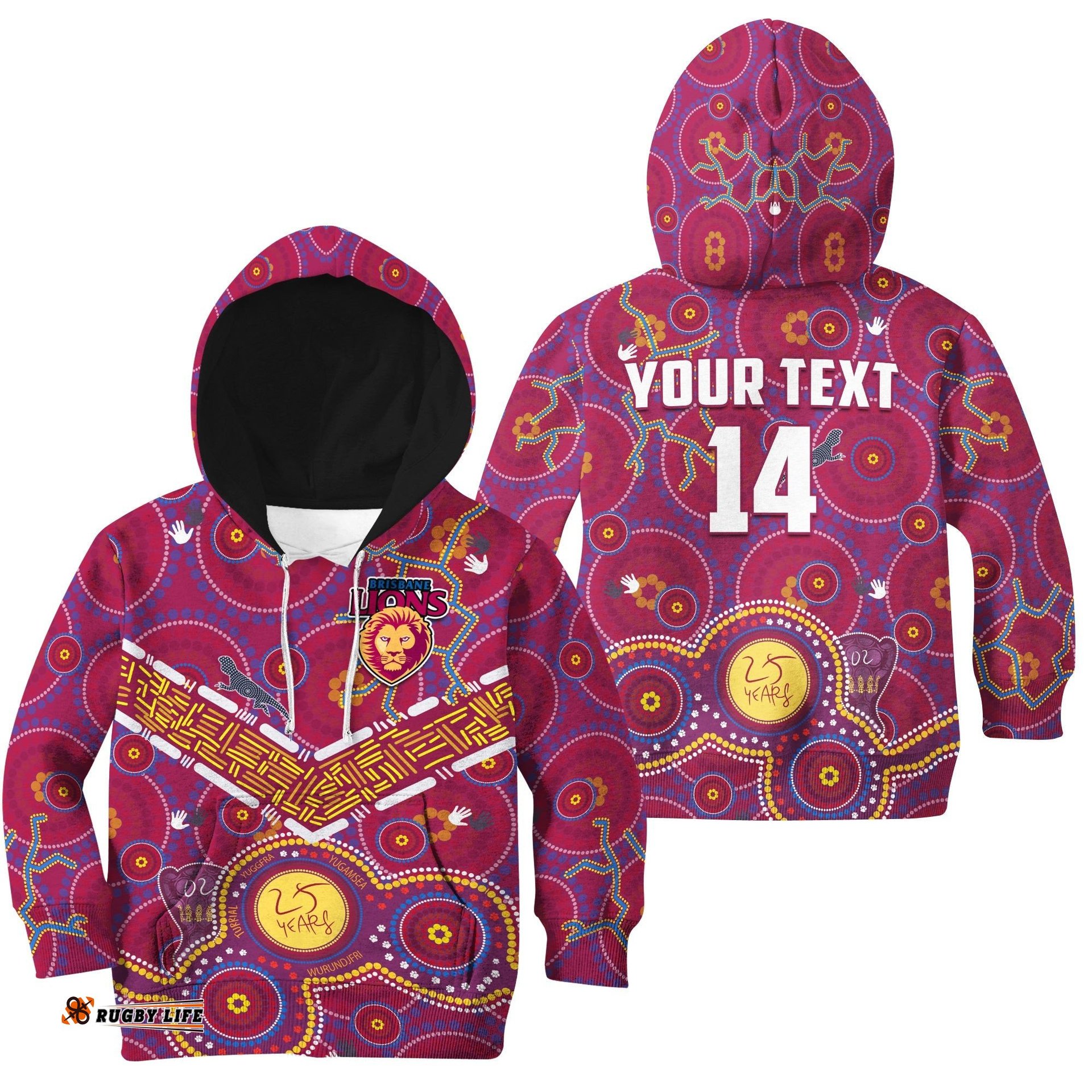 Custom Text And Number Brisbane Football Hoodie KID Indigenous Pattern Go Lions Unique Version