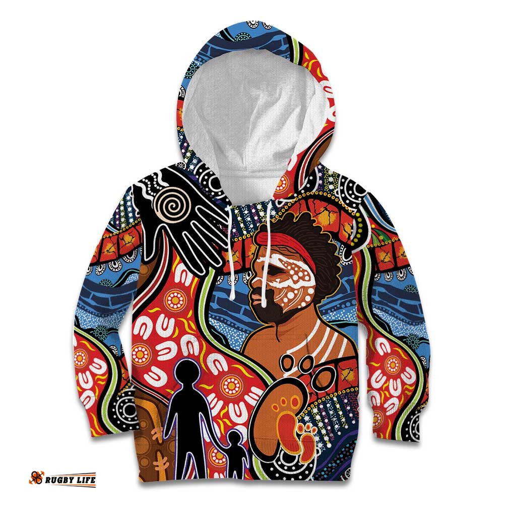 Dad and Son Footprint Father's Day Personalised Kid Hoodie Australian Aboriginal Art