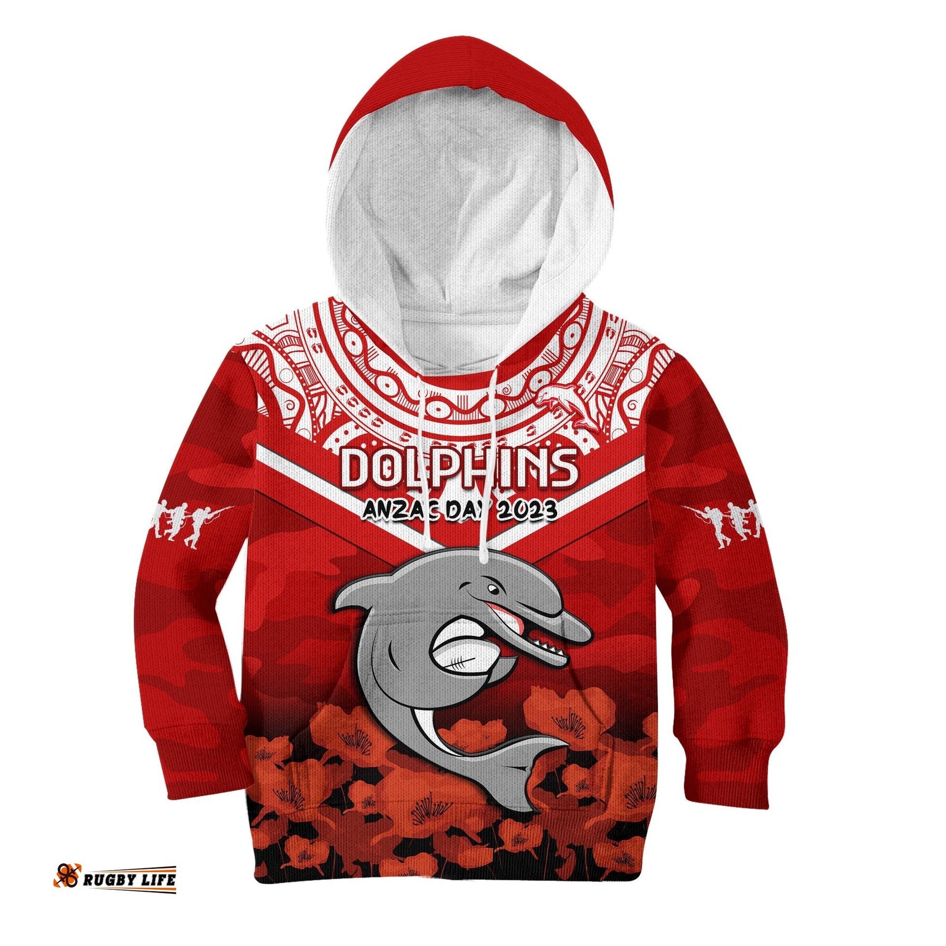 Custom Text And Number Dolphins Rugby ANZAC Hoodie KID Dots Poppy Mix Camouflage Lest We Forget