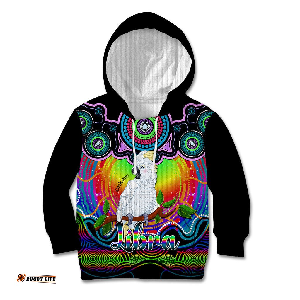 Personalised Australia Libra Cockatoo Zodiac Kid Hoodie Auz Astrology Aboriginal Rainbow