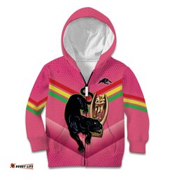 Personalised Panthers Rugby 2024 Kid Hoodie Mascot With Trophy Go Champions Aboriginal Art Pink