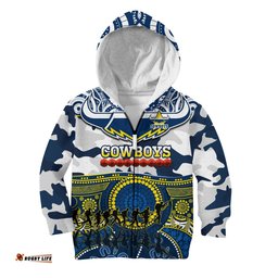 Custom Text And Number Cowboys Rugby ANZAC Hoodie KID Indigenous Poppy Mix Camouflage