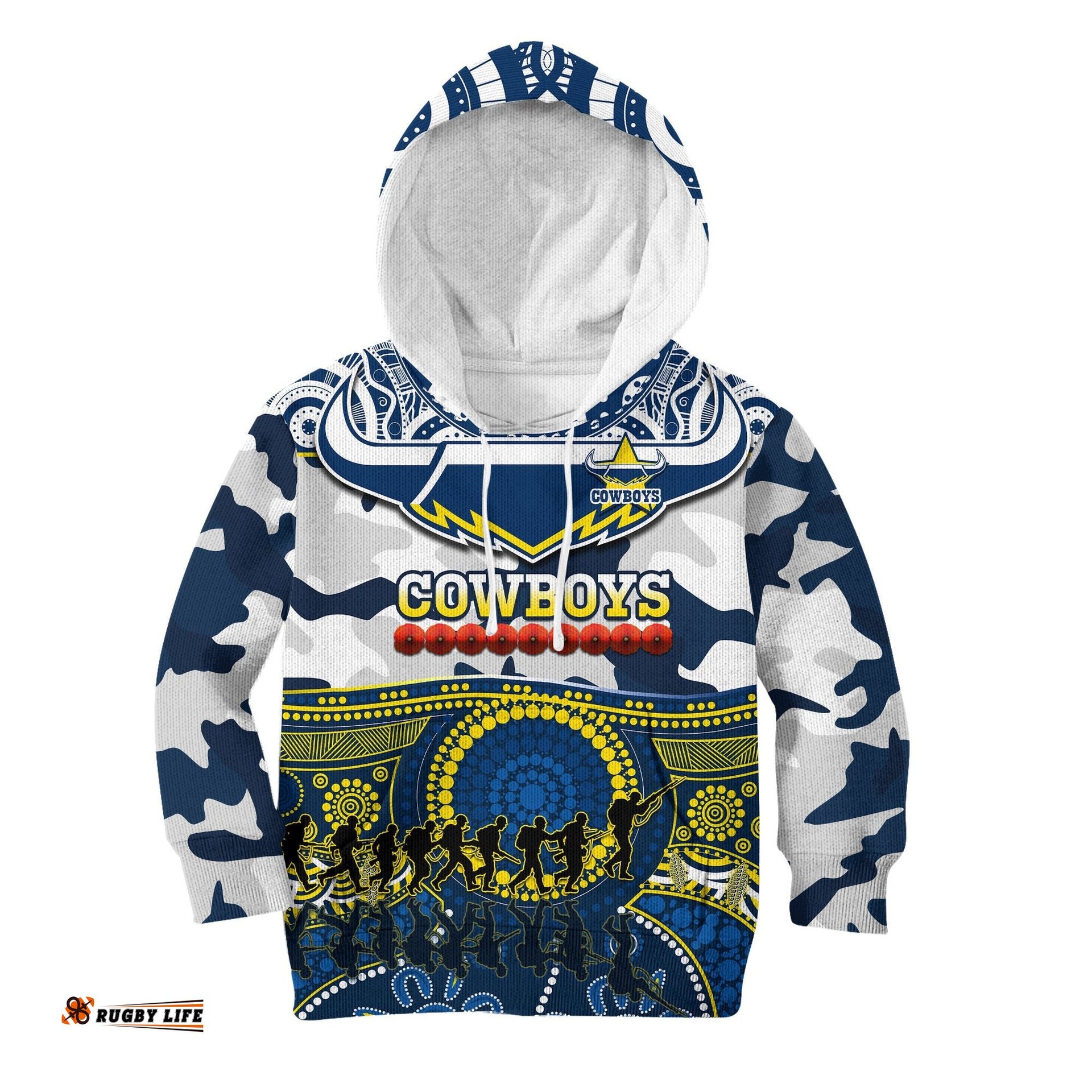Custom Text And Number Cowboys Rugby ANZAC Hoodie KID Indigenous Poppy Mix Camouflage