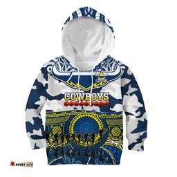 Custom Text And Number Cowboys Rugby ANZAC Hoodie KID Indigenous Poppy Mix Camouflage