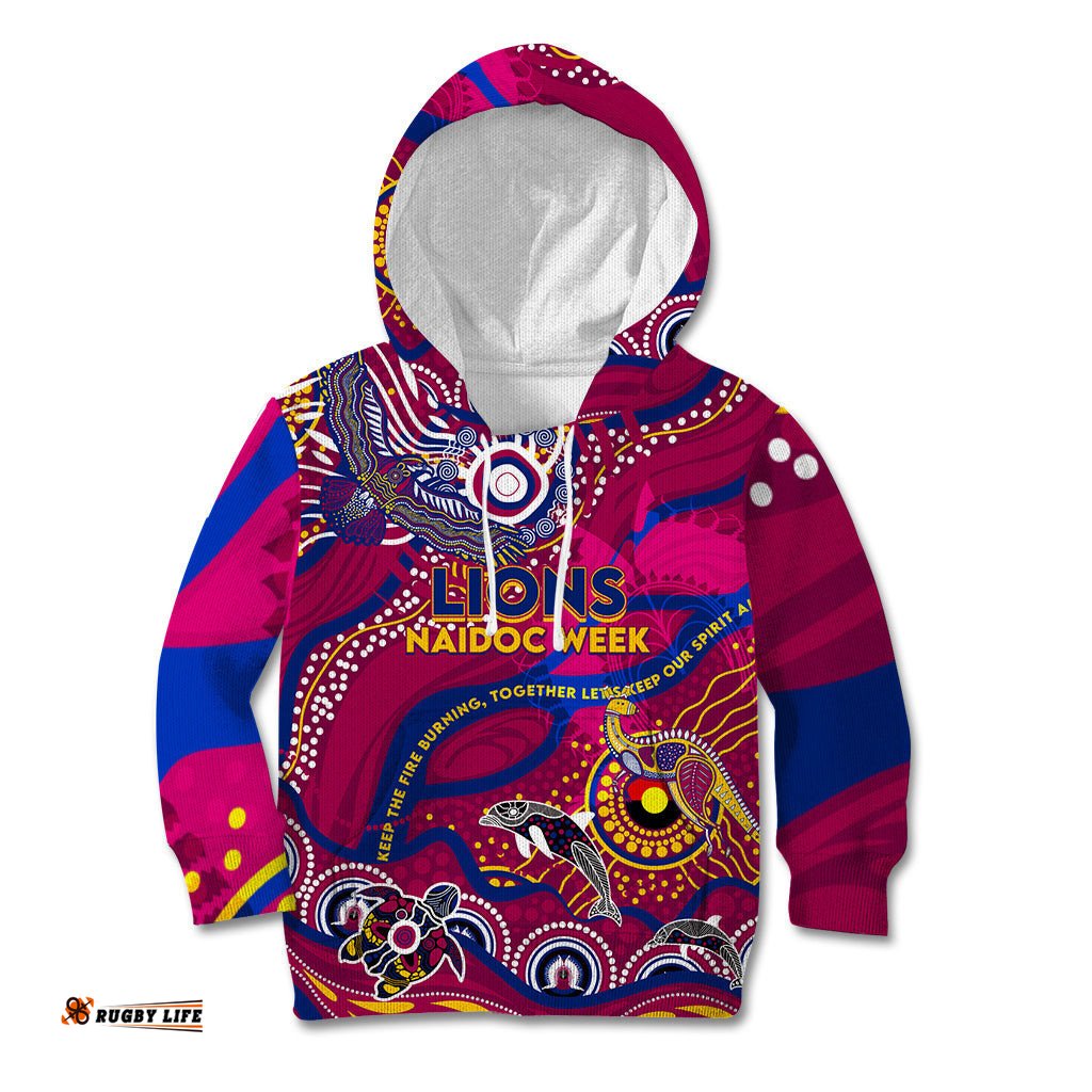 Custom NAIDOC Week 2024 Lions Kid Hoodie Aboriginal Animals Keep The Fire Burning