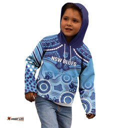 Custom NSW Blues Rugby Kid Hoodie Aboriginal Mix Polynesian Pattern