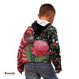 Personalised Australia Waratah And Superb Fairywren Kid Hoodie Aboriginal Art