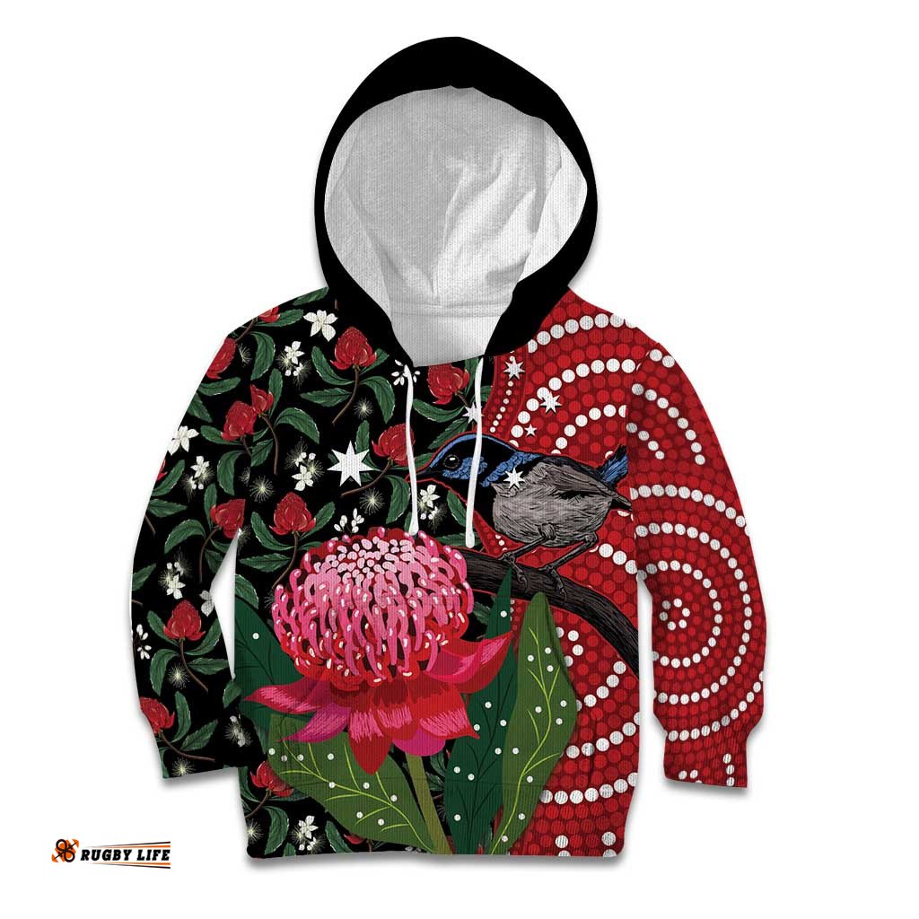 Personalised Australia Waratah And Superb Fairywren Kid Hoodie Aboriginal Art
