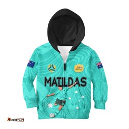 Personalised Aussie Matildas Kid Hoodie Sam Kerr World Cup Marble Patterns Turquoise
