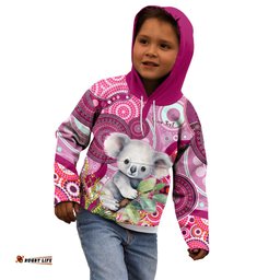 Personalised Australia Kid Hoodie Cute Koala With Golden Wattle Indigenous Art