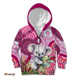 Personalised Australia Kid Hoodie Cute Koala With Golden Wattle Indigenous Art