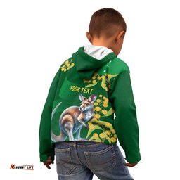 Green Kangaroo and Golden Wattle Personalised Kid Hoodie Happy Australia Day 6 January