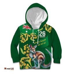 Green Kangaroo and Golden Wattle Personalised Kid Hoodie Happy Australia Day 6 January