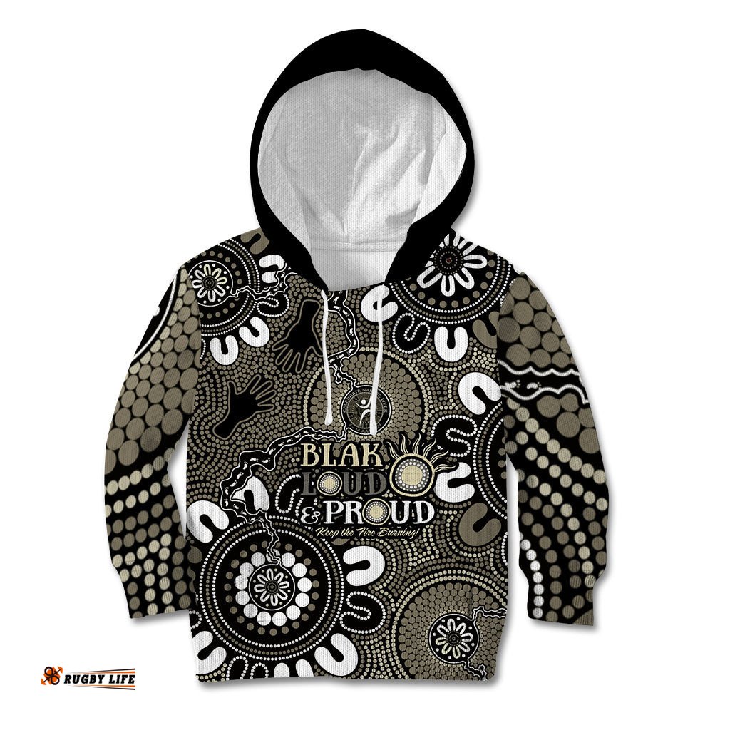 NAIDOC Week 2024 Fire Burning Kid Hoodie Aboriginal Dots Black Art