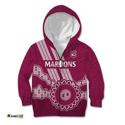 Custom QLD Maroons Rugby Kid Hoodie Aussie Aboriginal Mix Polynesian Pattern