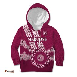 Custom QLD Maroons Rugby Kid Hoodie Aussie Aboriginal Mix Polynesian Pattern
