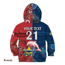 Custom Text And Number NRL Half Dolphins and Half Cowboys Rugby Kid Hoodie Aboriginal