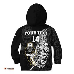 Custom Text And Number New Zealand Silver Fern Rugby Hoodie KID All Black Maori Version Black