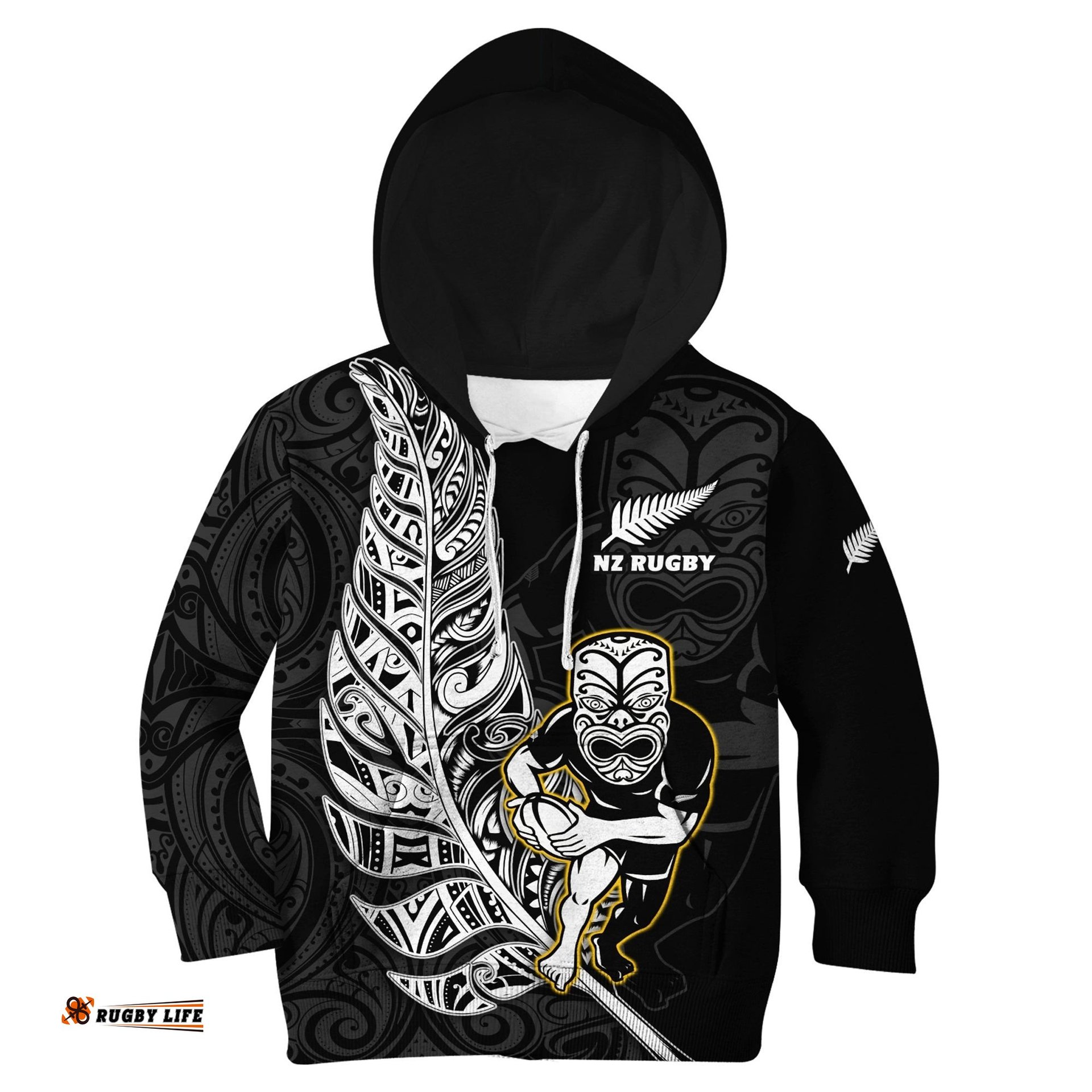 Custom Text And Number New Zealand Silver Fern Rugby Hoodie KID All Black Maori Version Black
