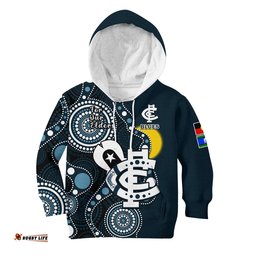 Custom Text And Number Carlton Football NAIDOC Hoodie KID Blues For Our Elders Indigenous Art