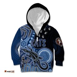 Personalised NAIDOC Week AFL Cats Kid Hoodie Aboriginal Dot Art Lizard Mix Boomerang