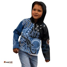 Personalised NAIDOC Week AFL Cats Kid Hoodie Aboriginal Dot Art Lizard Mix Boomerang