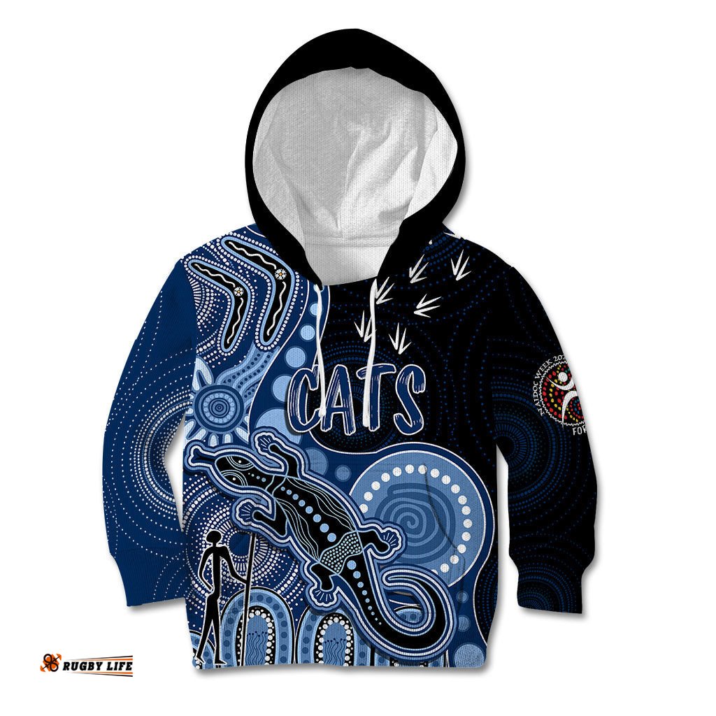 Personalised NAIDOC Week AFL Cats Kid Hoodie Aboriginal Dot Art Lizard Mix Boomerang