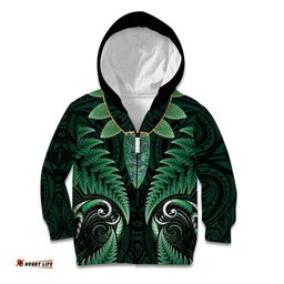 Aotearoa Pounamu Niho Kid Hoodie Silver Fern Mix Maori Pattern Green